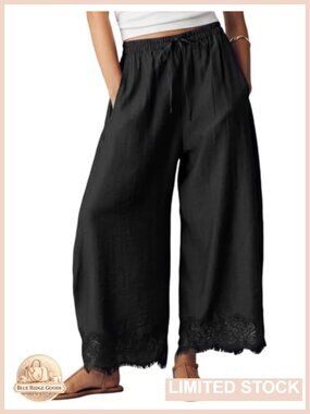 Wide Leg Cropped Lace Trim Flowy Casual Pants Polyester